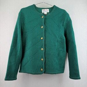 Tally-Ho Vintage Green 100% Wool Cardigan Sweater Ornate Gold Buttons Womens L